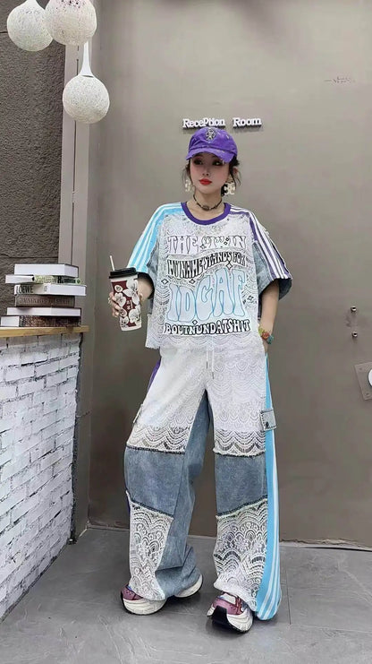 Fashion Women Denim Splicing Printed Contrast Color Short Sleeve Loose LongCasual Streetwear Outfit top