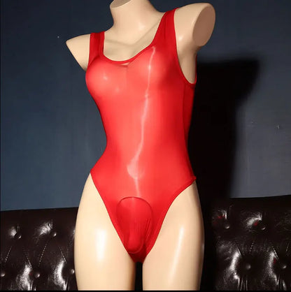 Full Transparent Bodysuits Gay Men Oils Shiny Smooth Jumpsuits Sissy Sheer Mesh Swimsuit Cross-dresser Glossy Erotic Lingerie