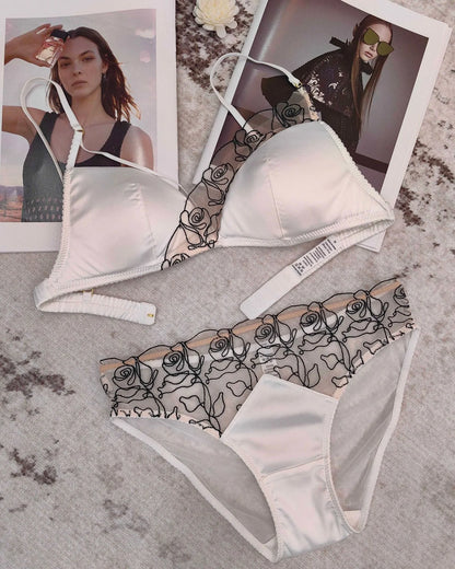 Women Underwear Set Sexy Silken Triangle Cup Wireless Bras French Bralette Seamless Intimates Bra and Thong Lingerie Set