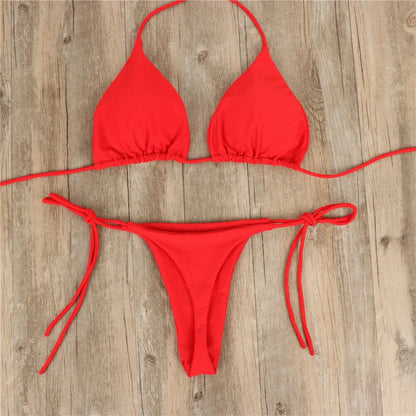 Women Thong Bikini Set Side Tie Sexy Swimsuit Bandage Style Brazilian Swimwear Woman Clothing Red/Blue/Black/White/Wine Red/Pink