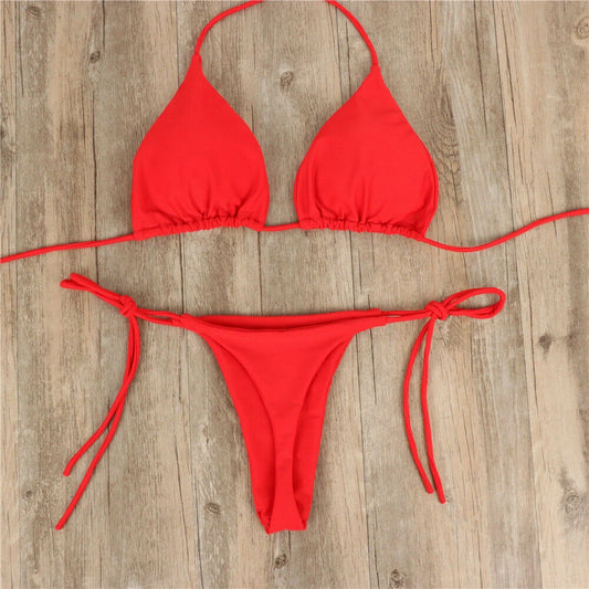 Women Thong Bikini Set Side Tie Sexy Swimsuit Bandage Style Brazilian Swimwear Woman Clothing Red/Blue/Black/White/Wine Red/Pink