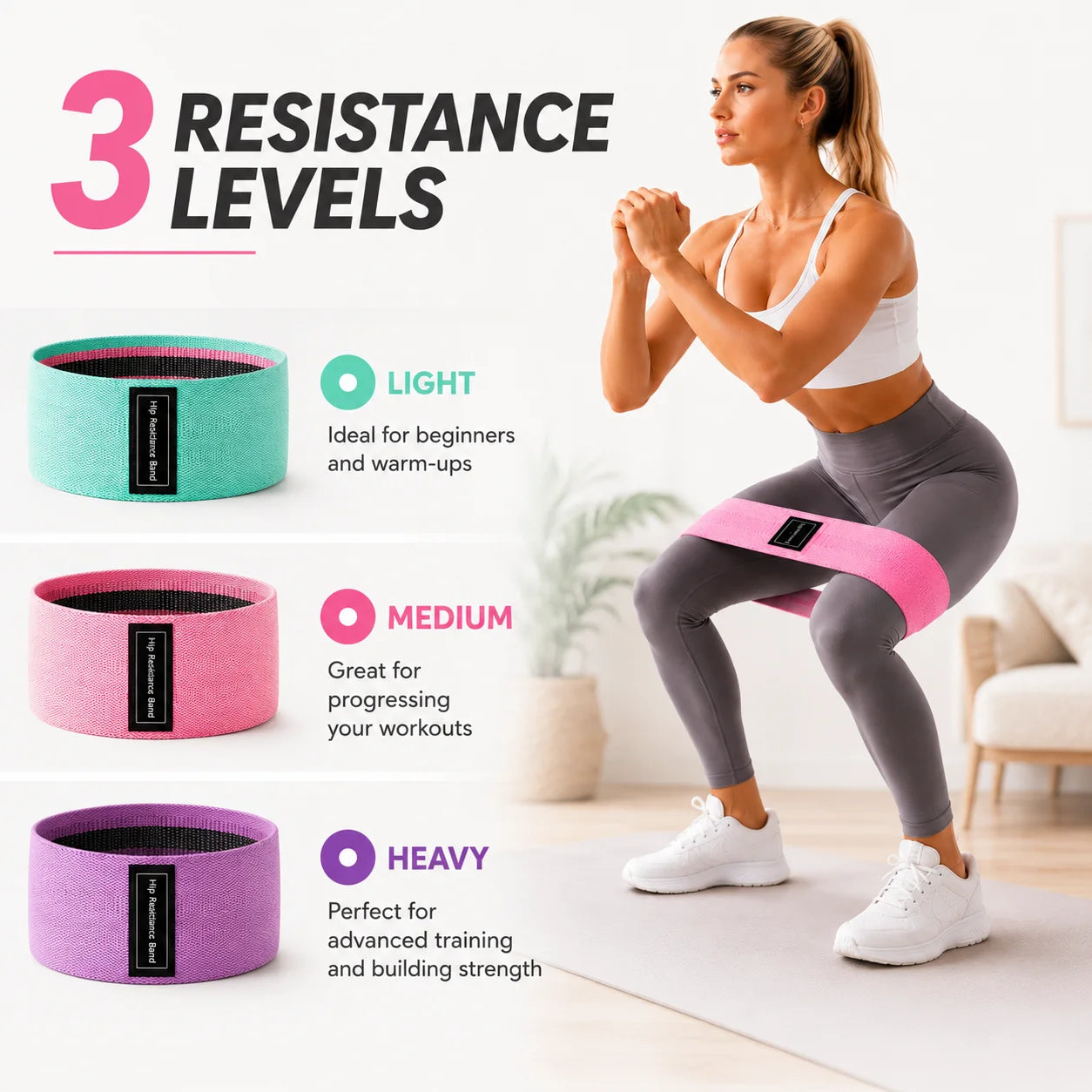 3PCS Fabric Resistance Bands Set for Women, Non Slip Workout Bands for Glutes, Legs & Home Fitness