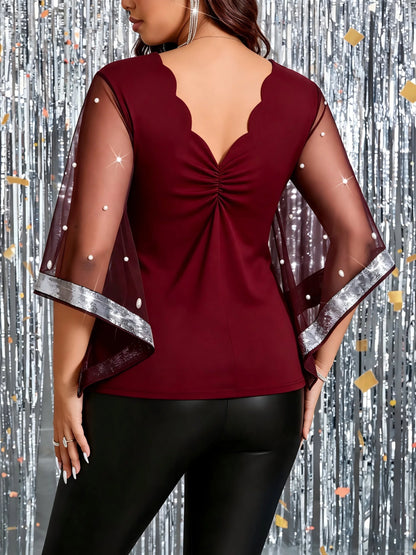 Plus Size Women Party Blouse Scallop V‑Neck Mesh Bell Sleeve Pearl Beaded Glitter Trim Burgundy Evening Clubwear Top