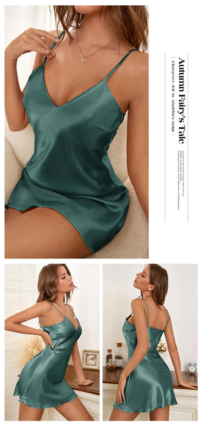 Sexy Suspender Nightgown Dress New Summer Women Nightdress Chemise Sleepwear Silky Satin Home Wear Dressing Gown Lingerie