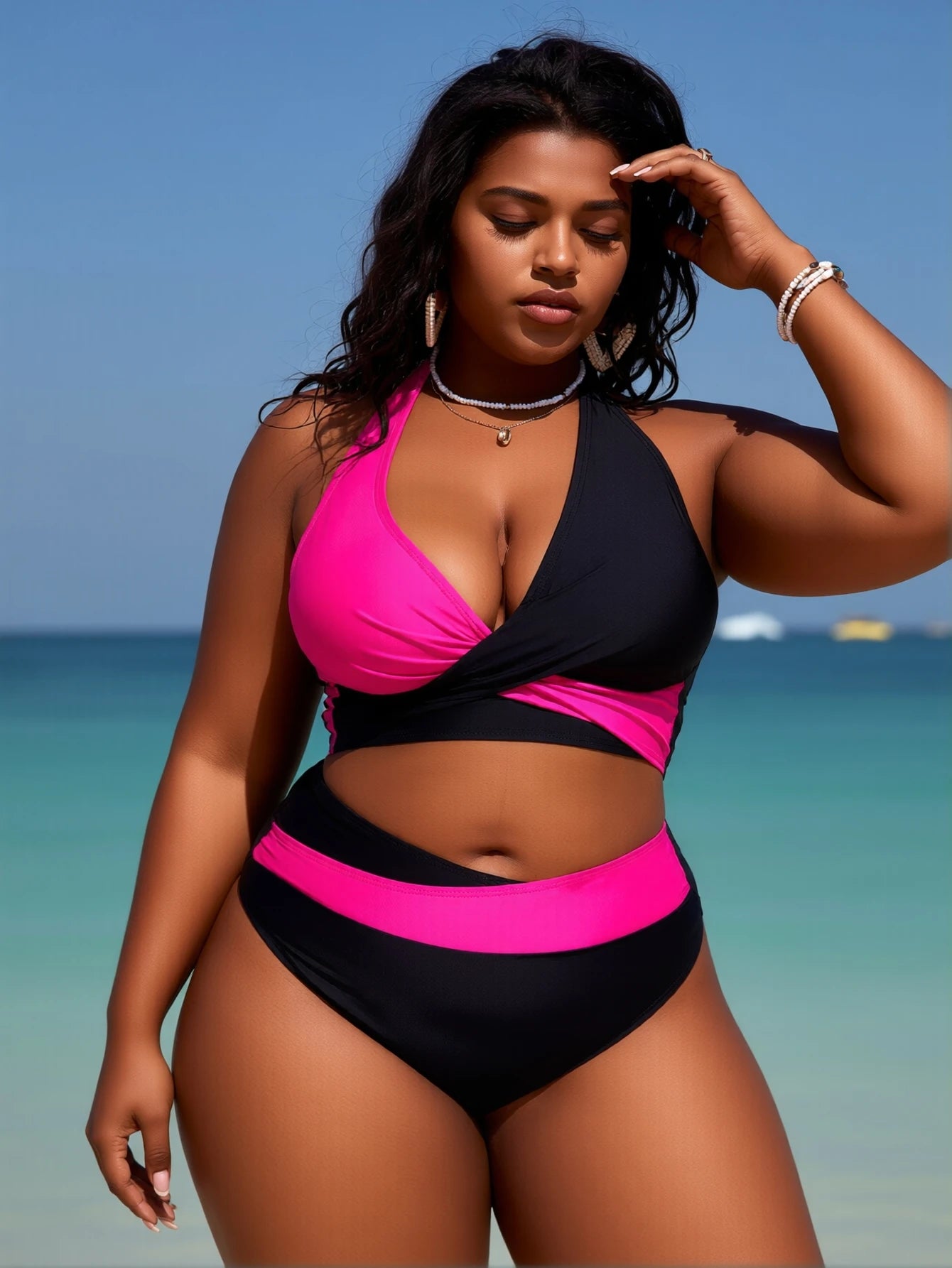 Women's Colorblock Criss Cross Halter Neck Bikini Set, Casual Wrap Swim Top & Swim Bottom Neon Swimsuit for Beach Holiday Vacation, Ladies Swimwear for All Seasons, Bikinis Sets, Beach Bathing Suit, Bikini Swimsuit Outfit, Cl