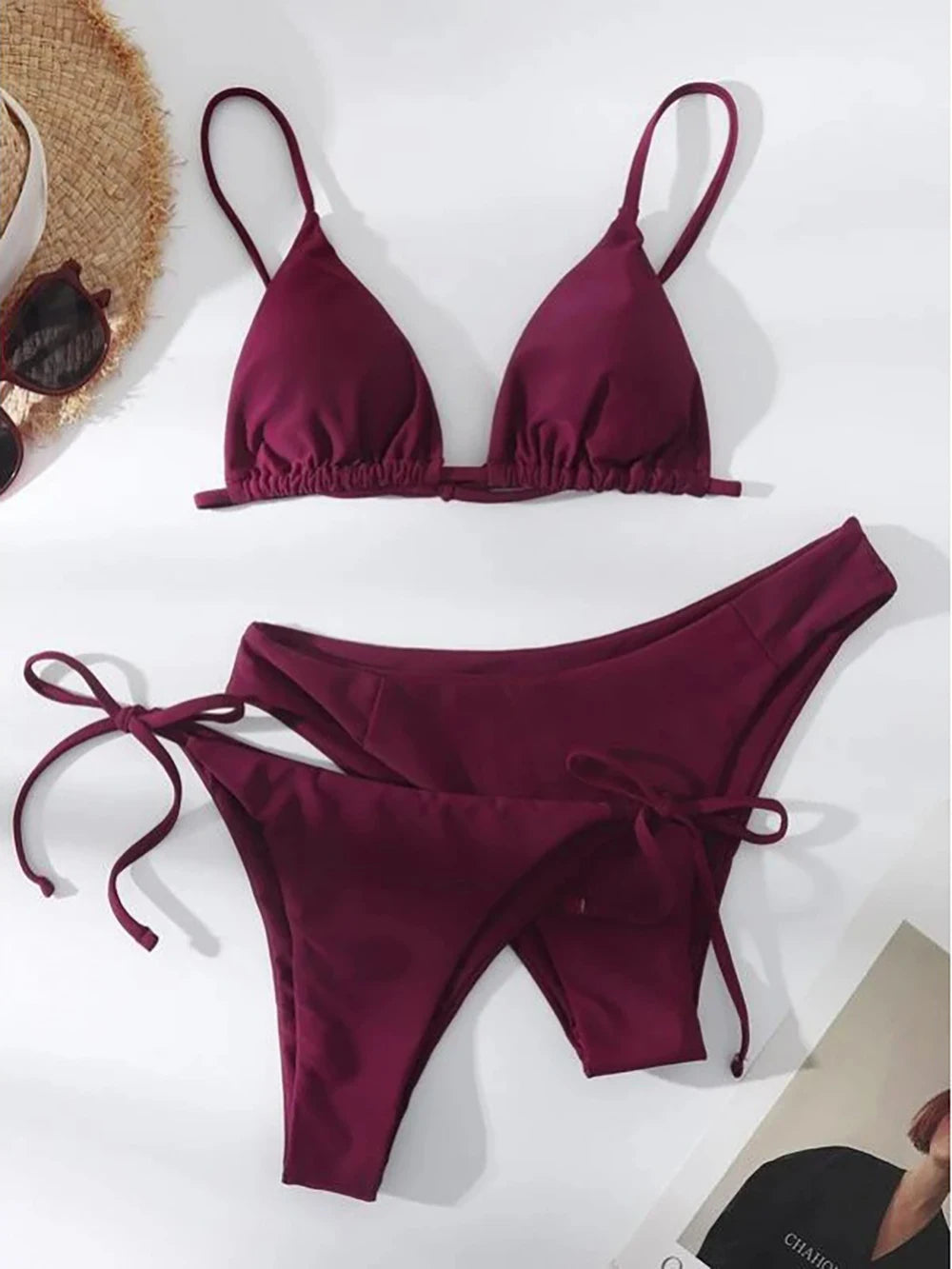 Sexy Solid 3 piece Bikini Set Women's Halter Lace Up Low Waist Swimsuit Triangle Thong Tie On Side Swimwear Brazilian Biquinis
