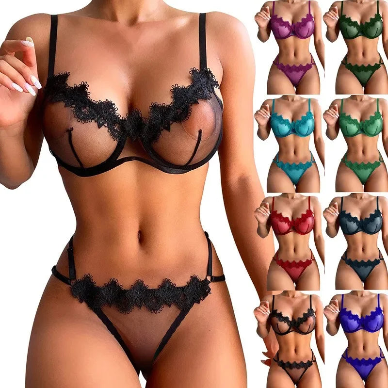 Tornova Sexy Lingerie Set Solid Color Lace See-through Underwear 2 Piece Set Lace Patchwork Mesh Interesting Women's Underwear