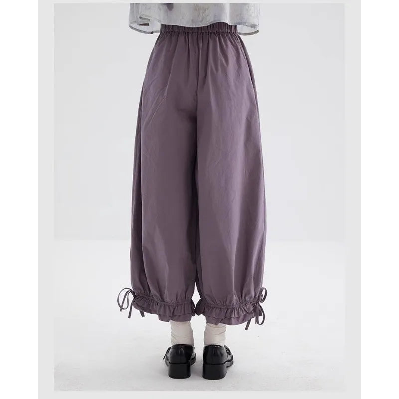 Women's Black High Waist Wide Leg Pants Drawstring Cuff Ruffled Casual Trousers