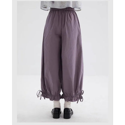 Women's Black High Waist Wide Leg Pants Drawstring Cuff Ruffled Casual Trousers