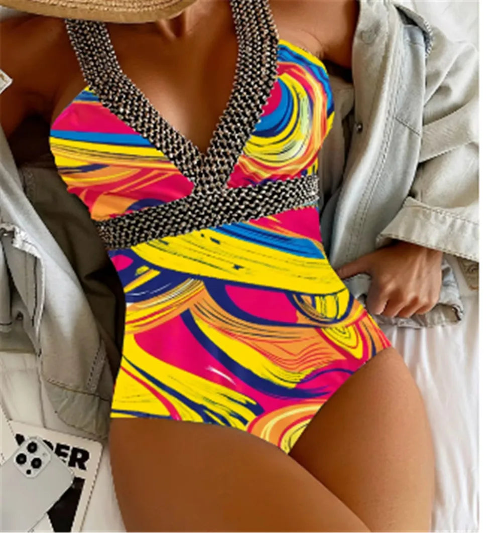 Vigoashely 2026 Sexy Print Strapped Swimwear Women Push UP One Piece Swimsuit Monokini Backless Hollow Summer Bathing Suit