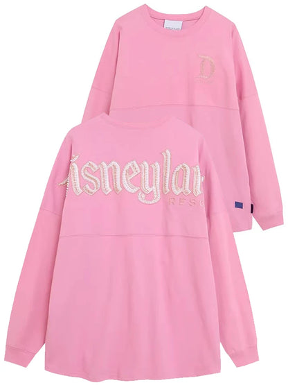 Disney World Letter Mickey Mouse Cartoon Print Embroidery Flares Pearl Pink Sweatshirt Sweet Women Long Sleeve Loose Jumper Tops