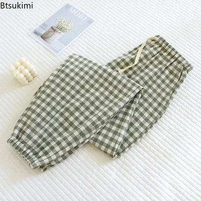 New Women's Casual Home Pants for Couple Plaid Sleepwear Pajama Pants Spring Summer Home Pants for Lovers Men Women Home Bottoms