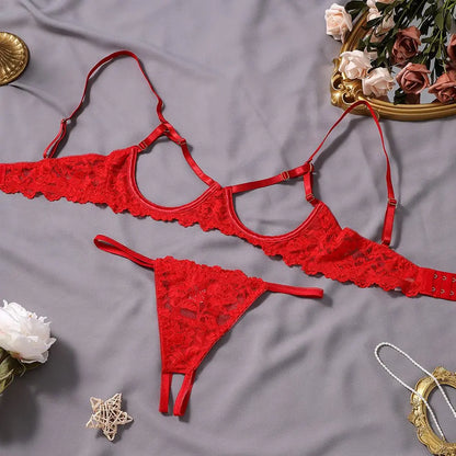 Toucheart 2 Piece Set Sexy Interesting Underwear Set for Women Solid Color Lace Mesh See-through Bra Exotic Sexy Lingerie Set