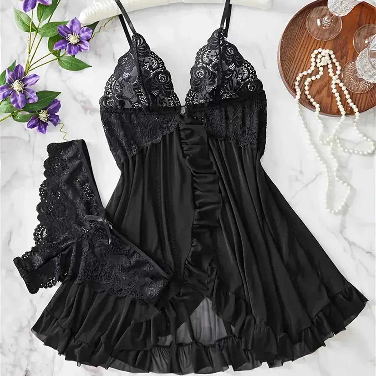 Blue Contrast Lace Ruffle Trim Lingerie Set Women's Nightdress See Through Deep V Mini Dress and Thong Nightgowns Underwear