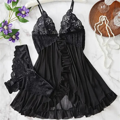 Blue Contrast Lace Ruffle Trim Lingerie Set Women's Nightdress See Through Deep V Mini Dress and Thong Nightgowns Underwear