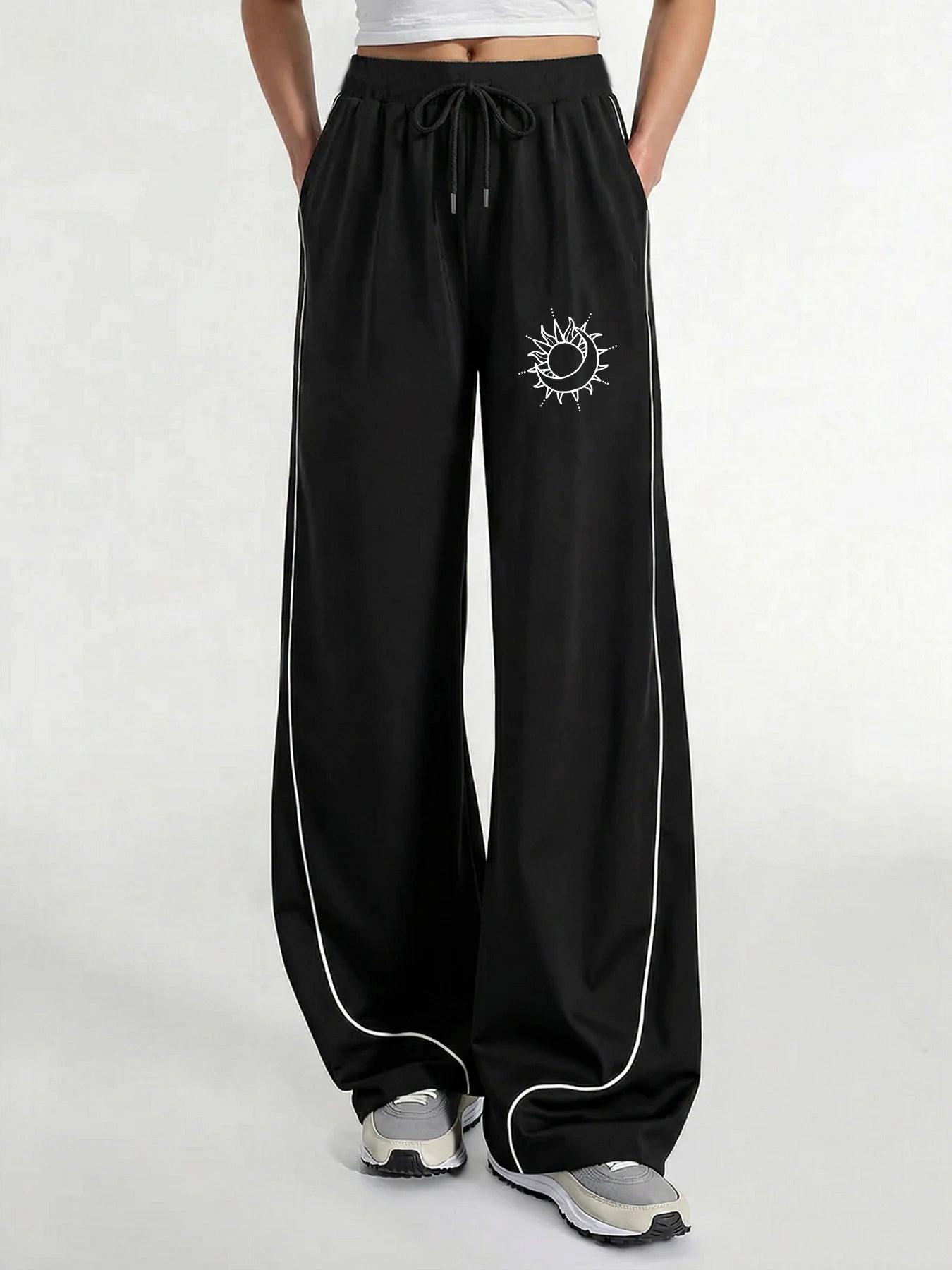 Women's Casual Pants, a Must-Have for Trendy Looks, Summer Cool and Unique Style, Sun and Moon Lines Printed with Contrasting Colors, Wide-Leg Casual Pants with White Lines on the Side, Loose and Comfortable Women's Casual Pa