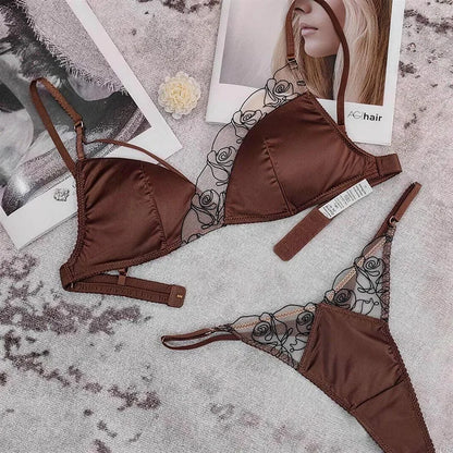 Women Underwear Set Sexy Silken Triangle Cup Wireless Bras French Bralette Seamless Intimates Bra and Thong Lingerie Set