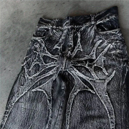 Gothic Retro Baggy Unisex Mopping Pants Y2K Phantom Jeans High Street Spider Embroidered Patch Hip Hop Streetwear Straight Jeans