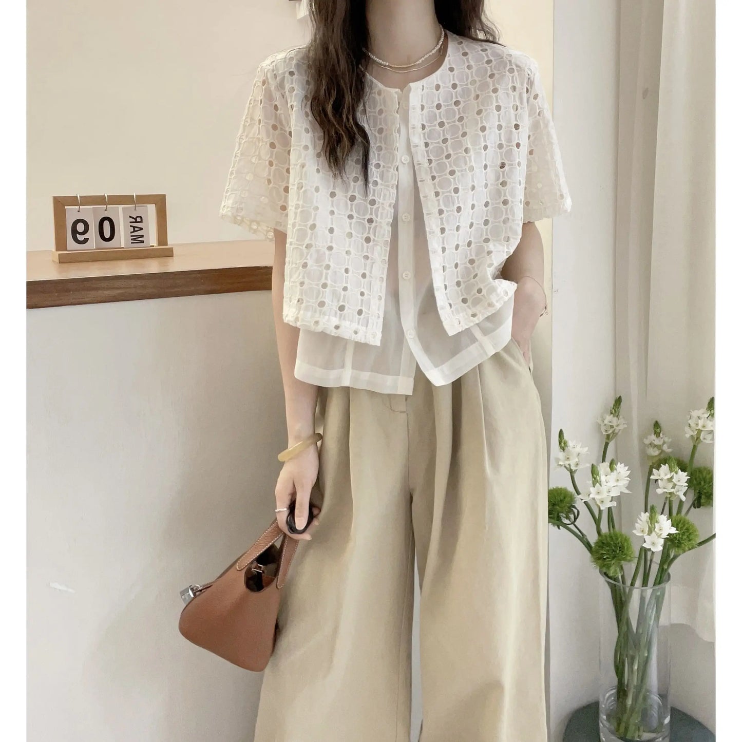 Korean style Hollow Out Patchwork Shirts Women Summer Loose O Neck Buttons Tops Y2K Fashion Casual Fake Two Pieces Shirts