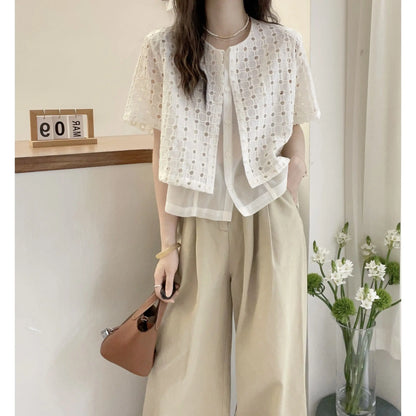Korean style Hollow Out Patchwork Shirts Women Summer Loose O Neck Buttons Tops Y2K Fashion Casual Fake Two Pieces Shirts