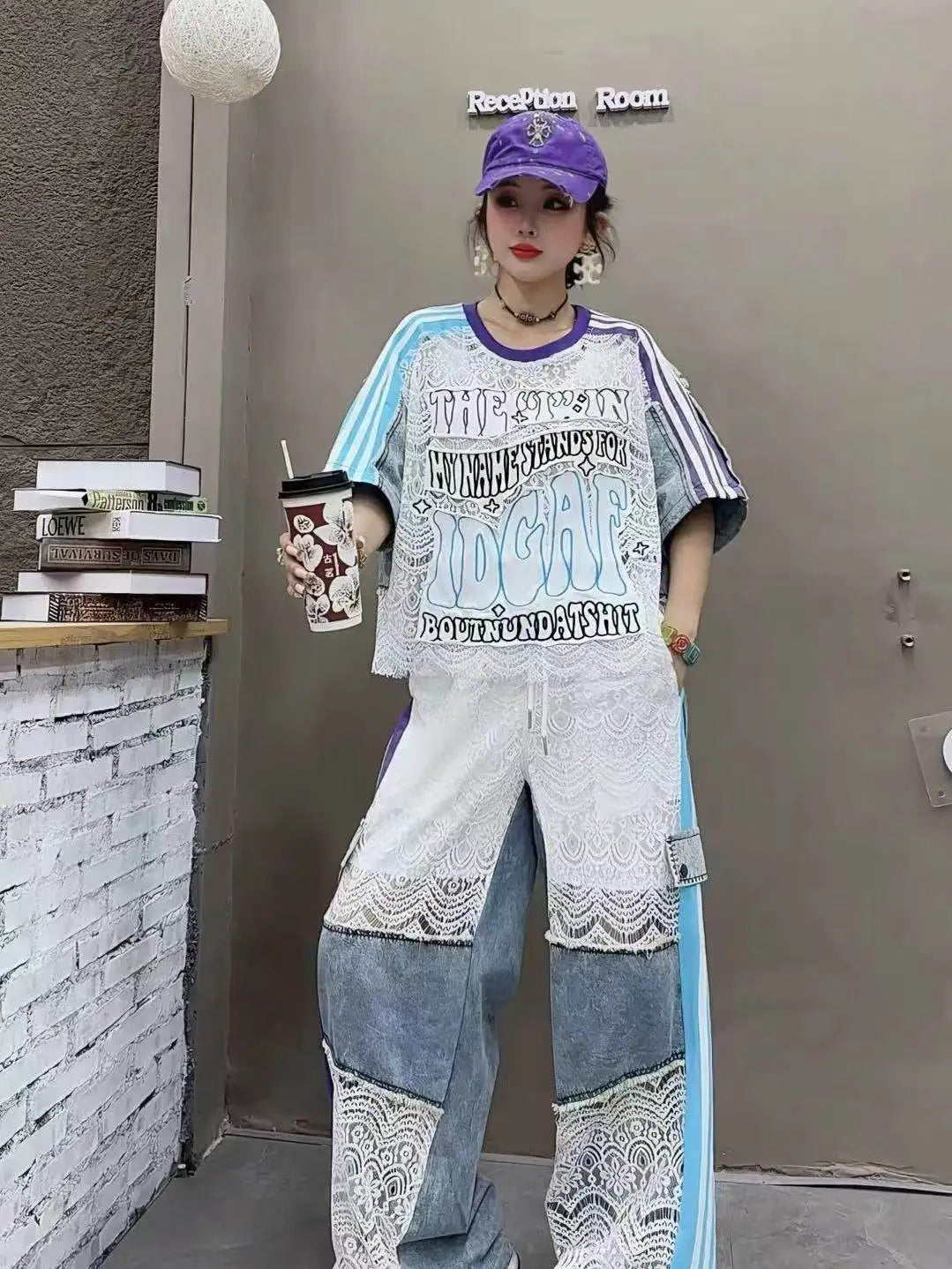 Fashion Women Denim Splicing Printed Contrast Color Short Sleeve Loose LongCasual Streetwear Outfit top