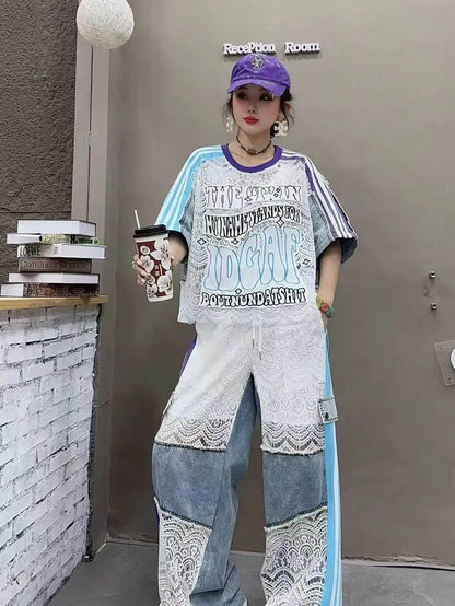 Fashion Women Denim Splicing Printed Contrast Color Short Sleeve Loose LongCasual Streetwear Outfit top