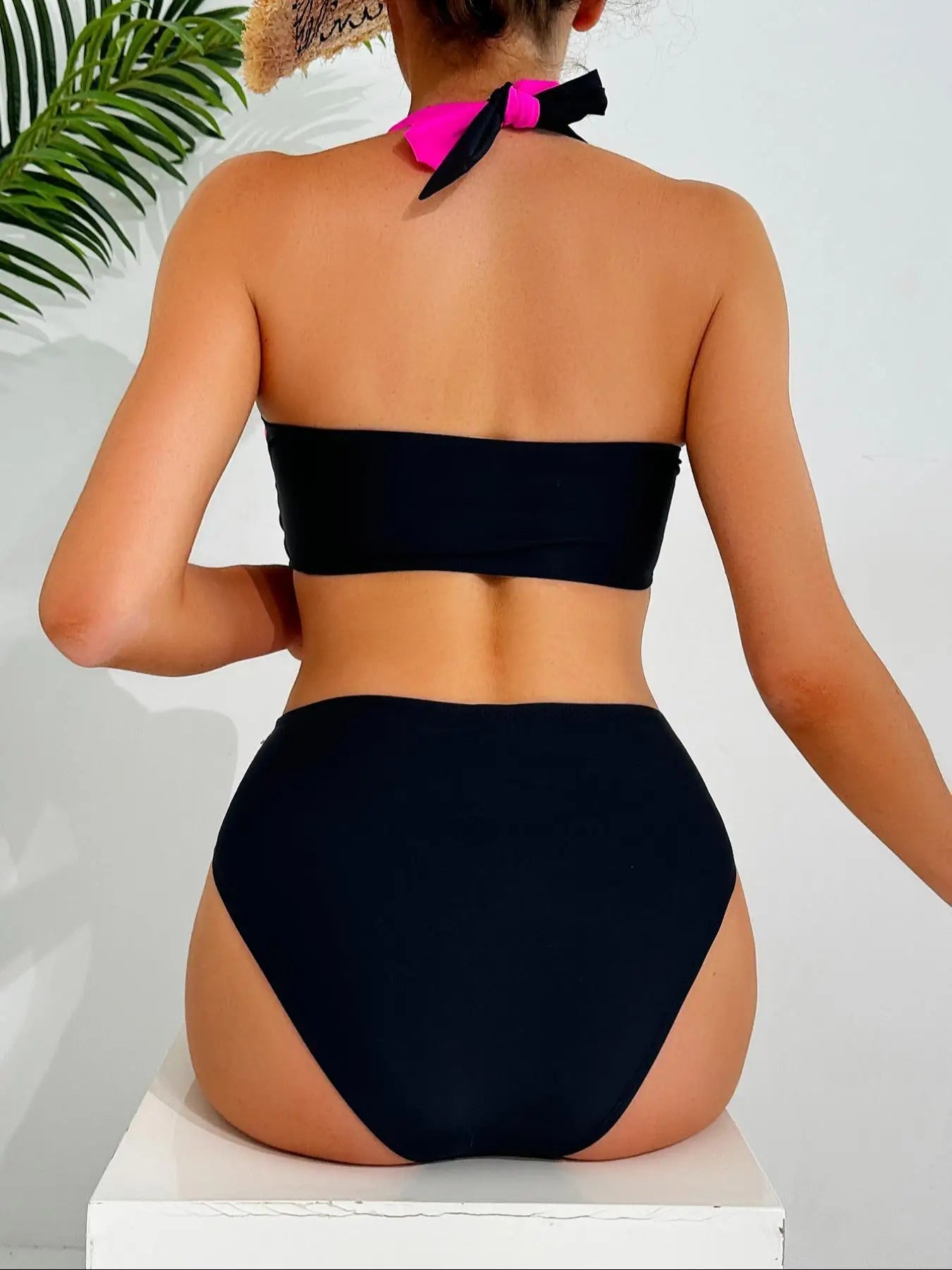 Women's Colorblock Criss Cross Halter Neck Bikini Set, Casual Wrap Swim Top & Swim Bottom Neon Swimsuit for Beach Holiday Vacation, Ladies Swimwear for All Seasons, Bikinis Sets, Beach Bathing Suit, Bikini Swimsuit Outfit, Cl