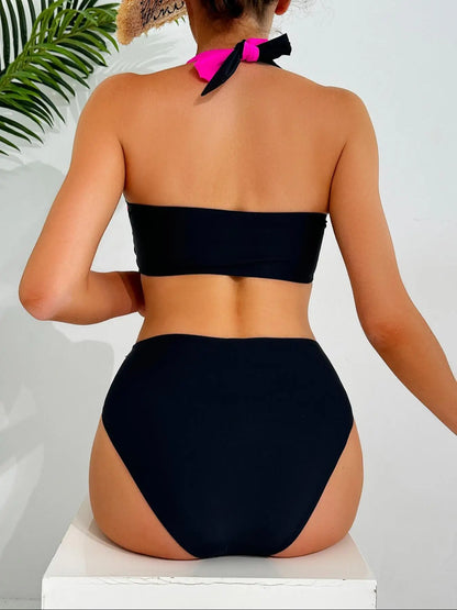 Women's Colorblock Criss Cross Halter Neck Bikini Set, Casual Wrap Swim Top & Swim Bottom Neon Swimsuit for Beach Holiday Vacation, Ladies Swimwear for All Seasons, Bikinis Sets, Beach Bathing Suit, Bikini Swimsuit Outfit, Cl