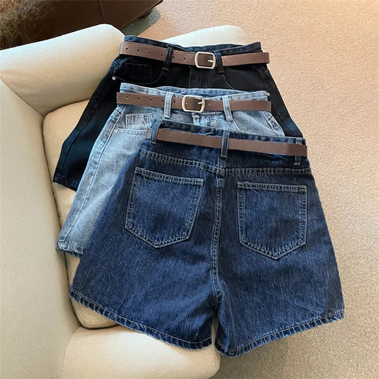 Women High Waist Denim Shorts Summer Chic Streetwear Female Casual Wide Leg Short Pants Solid Color Lady Loose Straight Shorts