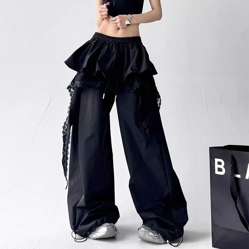 Women's Dance Y2K Style Pants Cross Layer Straps Design Casual Streetwear Wide Leg Cargo Pants For Hip Hop Dance Colorful