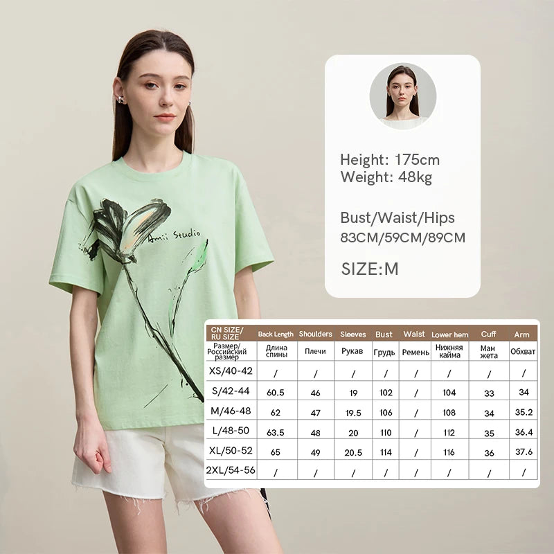 Amii Women's T-Shirt 2026 Summer New Cool Feeling Cotton Round Neck Tee Shirt Ink Art Print Loose Fit Short Sleeve Tops 12622149