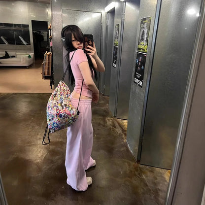 Pink High Waist Wide Leg Sweatpants Women's Spring Summer Lazy Loose Casual Floor Length Sport Long Pants Women