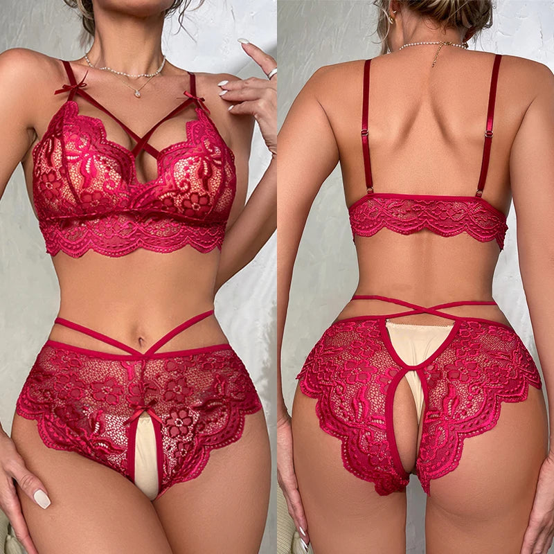 Fantasy Sexy Erotic Lingerie Women Bow Bras Panty Chain Garters See Through Bra Set Ladies Sexy Underwear Set  Sexy Costumes