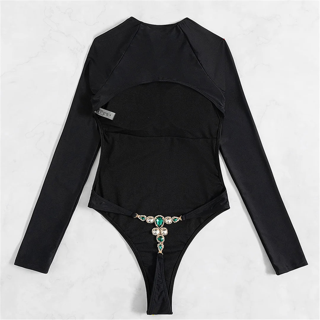 Diamond Rhinestones Long Sleeve Extreme Mini Micro Thong Women Swimwear One Piece Swimsuit Female Bather Bathing Suit Swim K4887