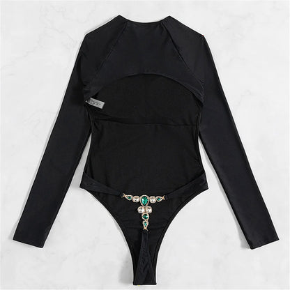 Diamond Rhinestones Long Sleeve Extreme Mini Micro Thong Women Swimwear One Piece Swimsuit Female Bather Bathing Suit Swim K4887