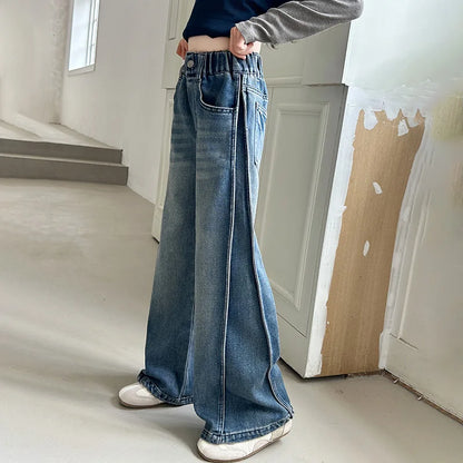 New Autumn Tween Girl Dark Blue Jeans Foldable Wide Leg Denim Pants Kids Child Spring High Waist Jeans Trousers Age 4 To 14 Y