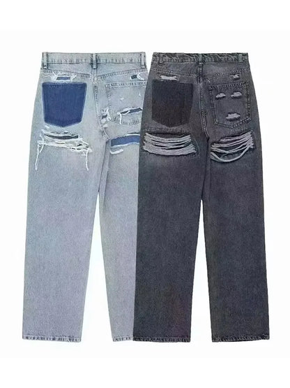 HH Jeans For Women Fashion Vintage Holes Decorated Denim Pant Patchwork High Waist Trousers Y2K 2024 High Street Lady Jeans