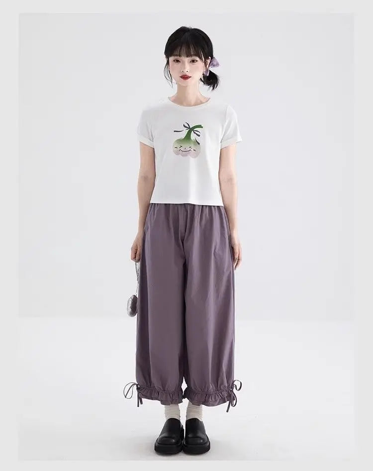 Women's Black High Waist Wide Leg Pants Drawstring Cuff Ruffled Casual Trousers