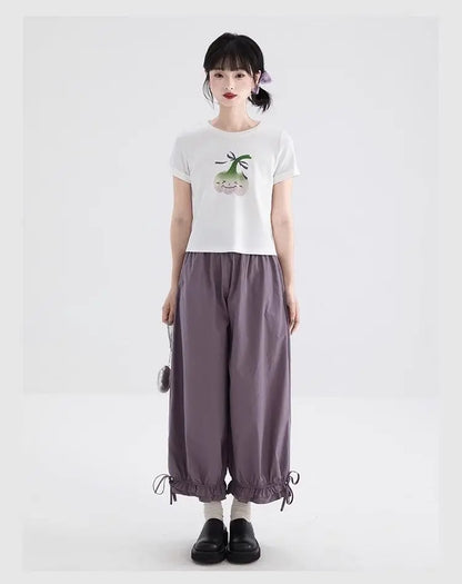 Women's Black High Waist Wide Leg Pants Drawstring Cuff Ruffled Casual Trousers