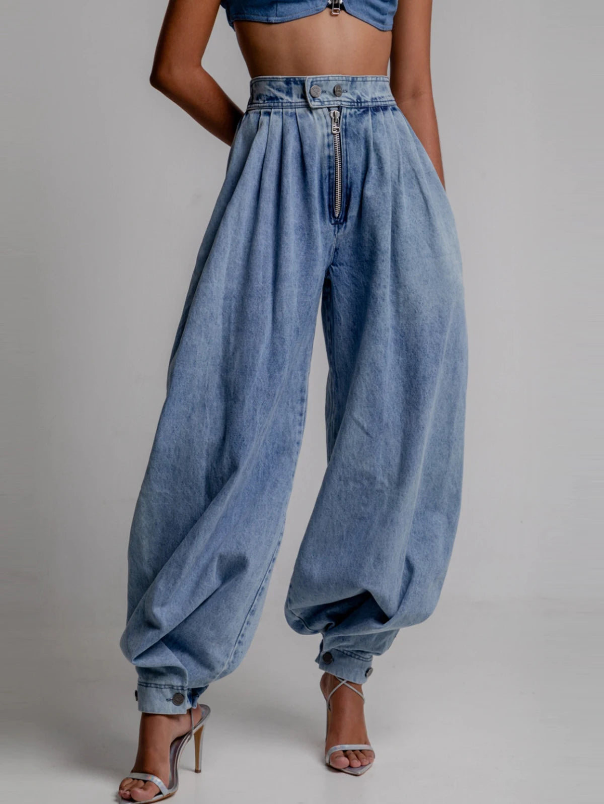 Women's Vintage Faux Denim Harem Pants Buttons And Zippers High Waist Loose Summer Fashionable Daily Casual  Balloon Long Pants