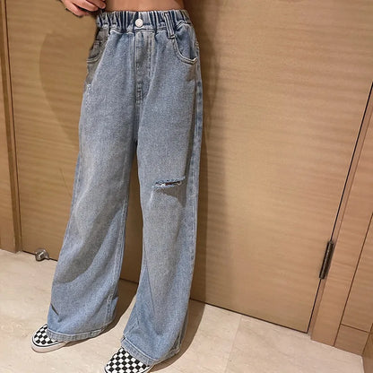 Teenage Girls Jeans 2026 Spring Fall Casual Fashion Loose Ripped Hole Kids Retro Korea Pants School Children Trousers 6 8 10 12Y