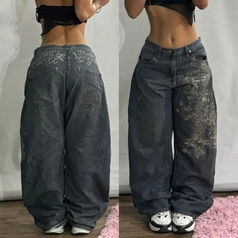 Y2K New Fashion Pink Pattern Patch Loose Jeans Women Gothic Harajuku Hip Hop Casual Joker Wide Leg Denim Trousers