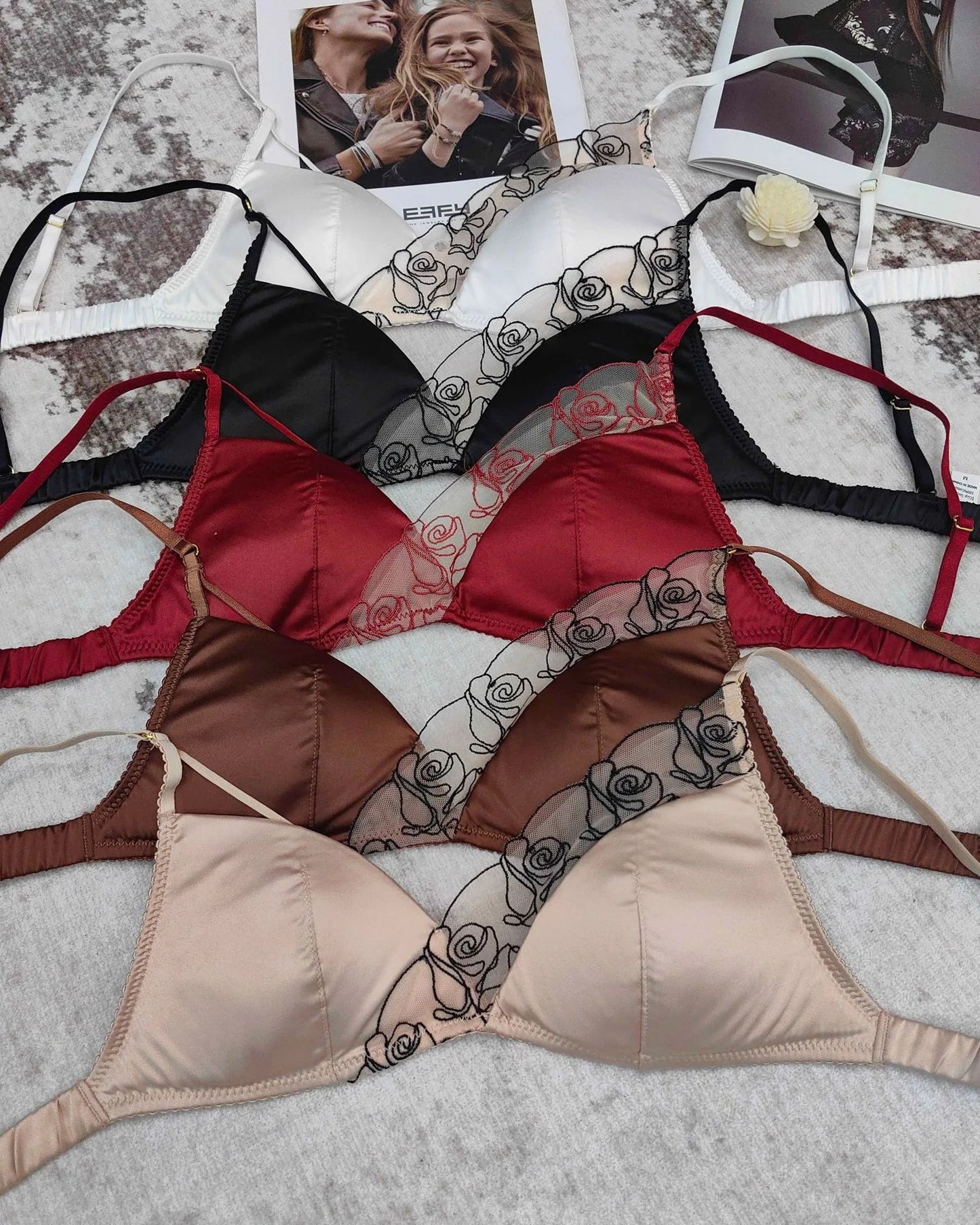 Women Underwear Set Sexy Silken Triangle Cup Wireless Bras French Bralette Seamless Intimates Bra and Thong Lingerie Set