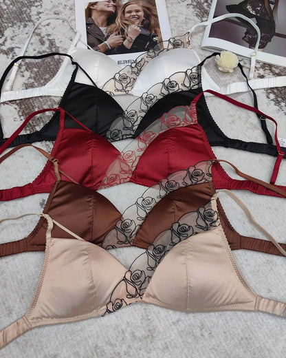 Women Underwear Set Sexy Silken Triangle Cup Wireless Bras French Bralette Seamless Intimates Bra and Thong Lingerie Set