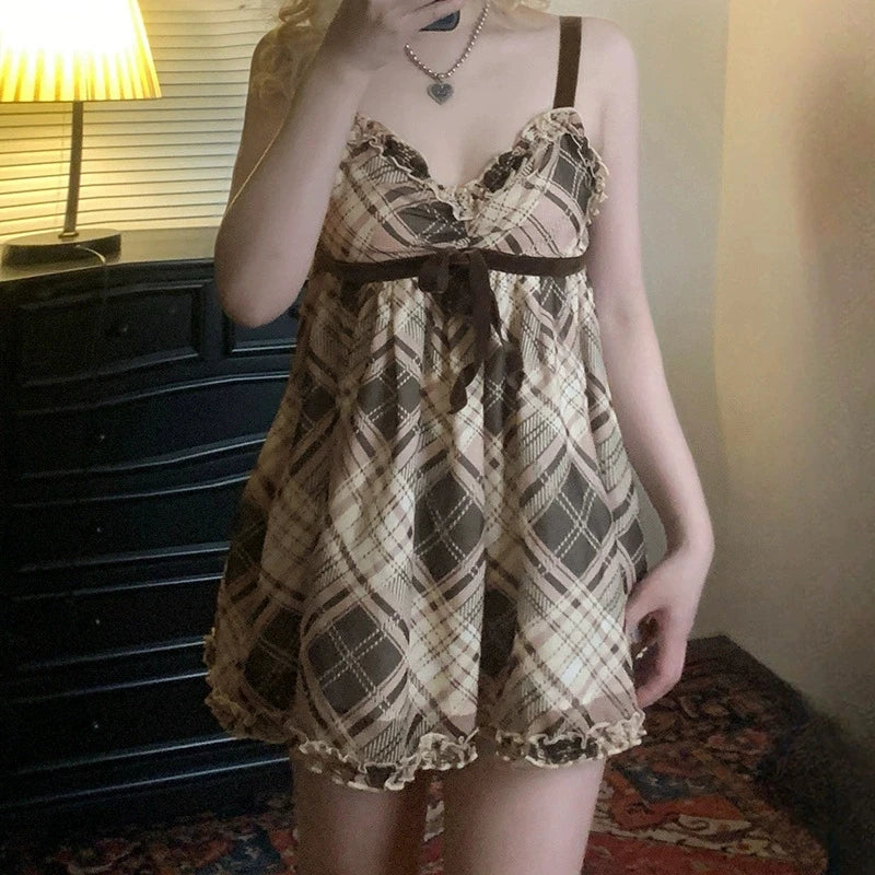 Y2K Bow Contrast Checked Tank Top Vintage Sleeveless V-neck Cute Camis Tops A-line Sweet Style Vest Summer Outfits