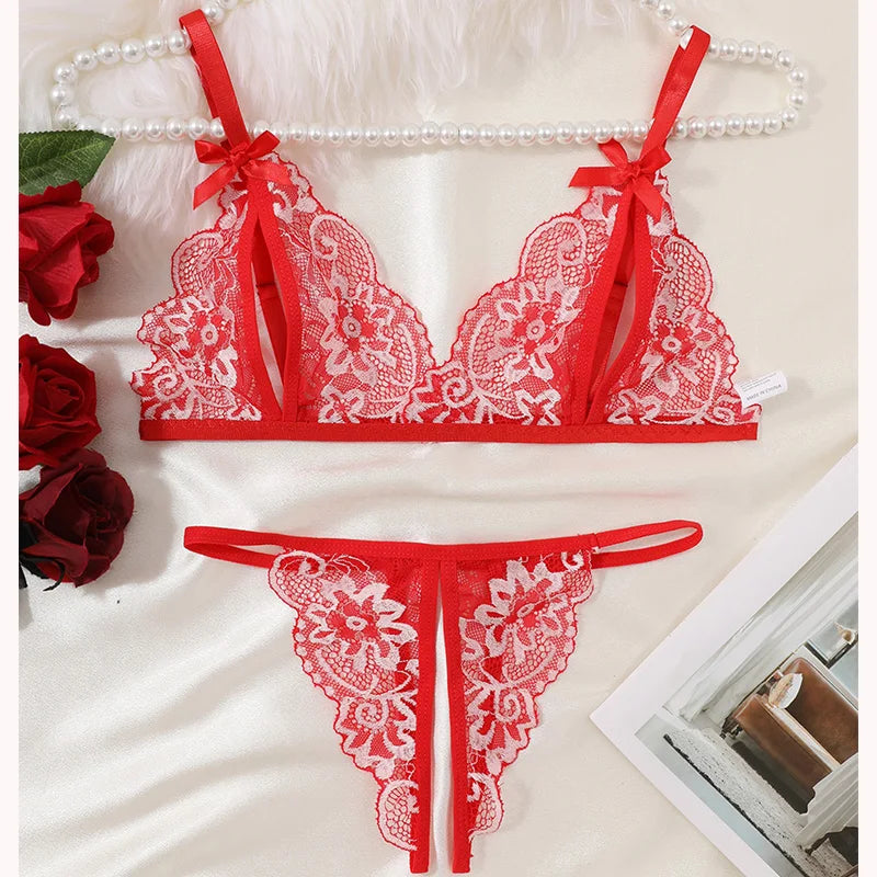 Floral Lace Bra Set Bow Intimates Bra And Thongs Sets Outfit Women's Underwear Set