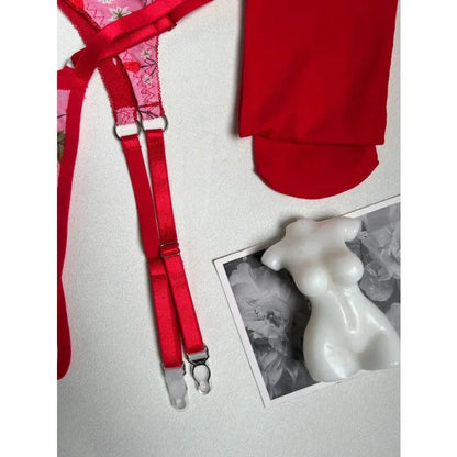 Hot Sexy Red Flower Lingerie Sets for Women Fancy Underwear Set Cut Out Bra and Thong Lace Garter Belt Stockings Erotic Costumes
