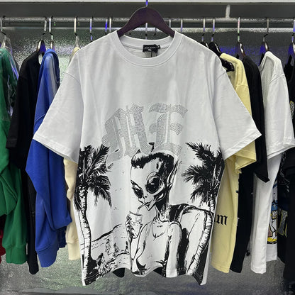 MIXED EMOTION Shirt Rhinestone Short Sleeve Men Women T-shirt Streetwear 100% Cotton Loose Round Neck Top Tees Oversized Tee Top