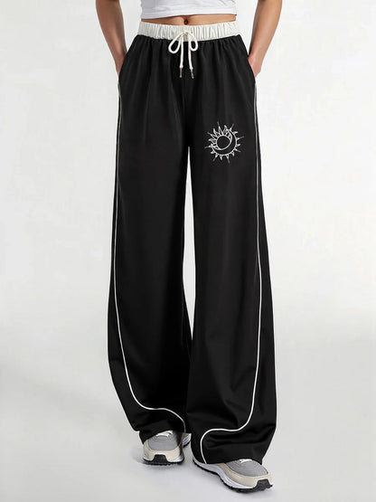 Women's Casual Pants, a Must-Have for Trendy Looks, Summer Cool and Unique Style, Sun and Moon Lines Printed with Contrasting Colors, Wide-Leg Casual Pants with White Lines on the Side, Loose and Comfortable Women's Casual Pa