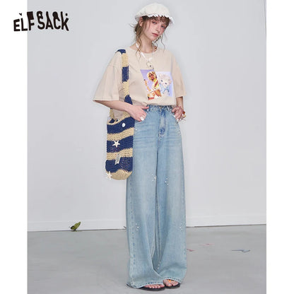ELFSACK High Waist Wide Leg Jeans for Women, Casual Loose Fit Denim Pants with Pearl Embellishment, Light Washed Trousers